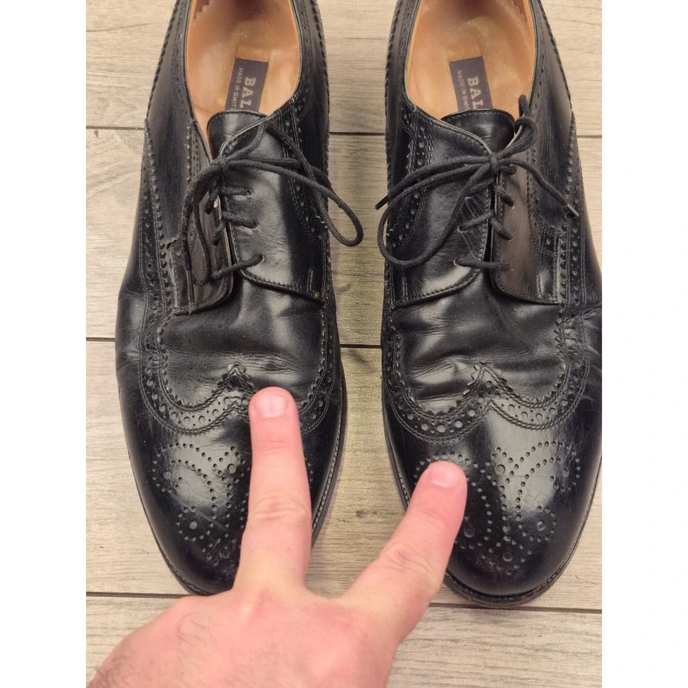 Bally Switzerland Mens Black Leather‎ Wingtip Goodyear Oxford Dress Shoes 10 E